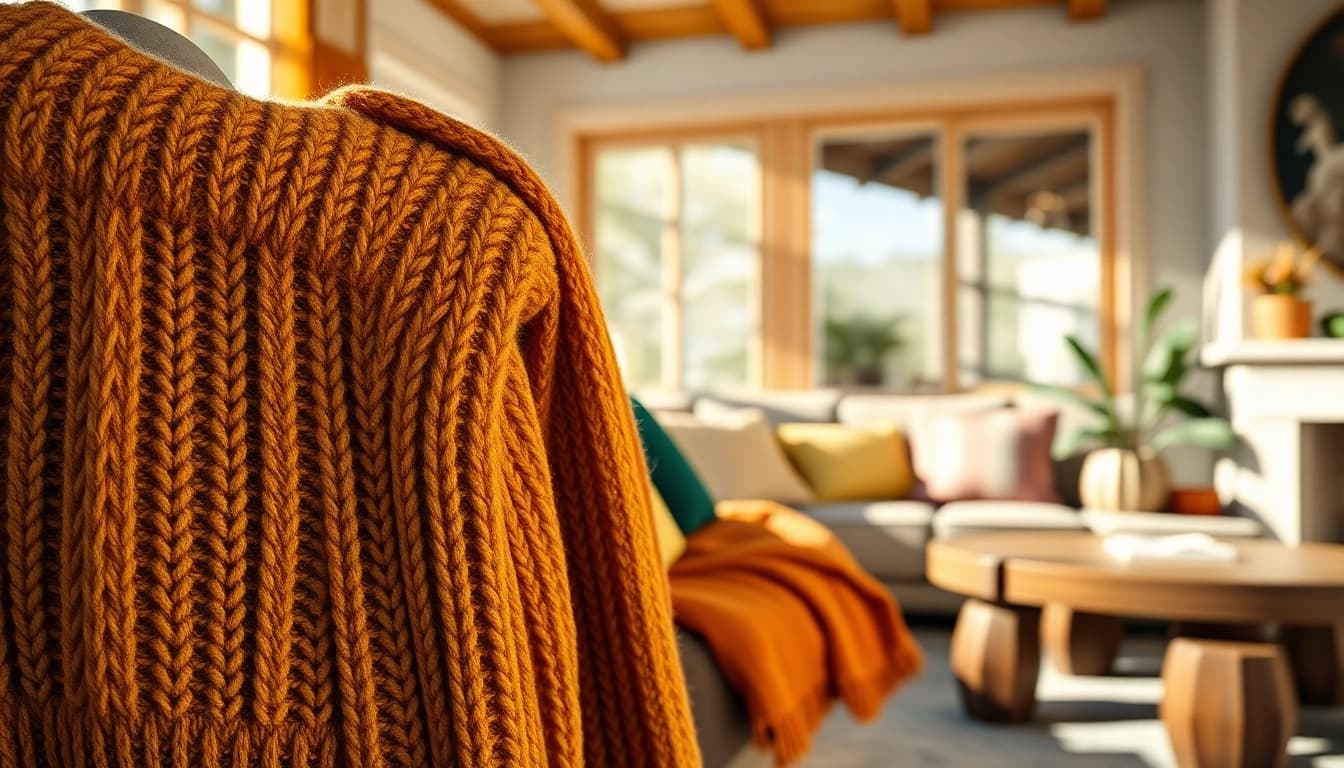 Stylish jumpers displayed in a cozy living room, emphasizing texture and warmth.
