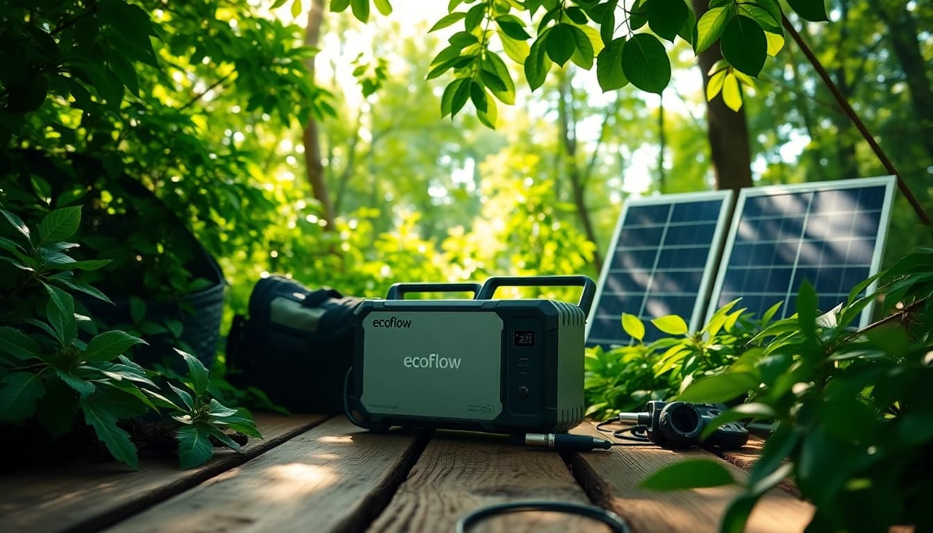 EcoFlow portable power station on a wooden table demonstrating eco-friendly energy solutions.
