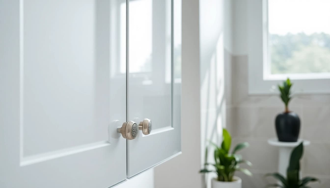 Illuminated bathroom cabinets featuring sleek design and integrated lighting in a modern bathroom.
