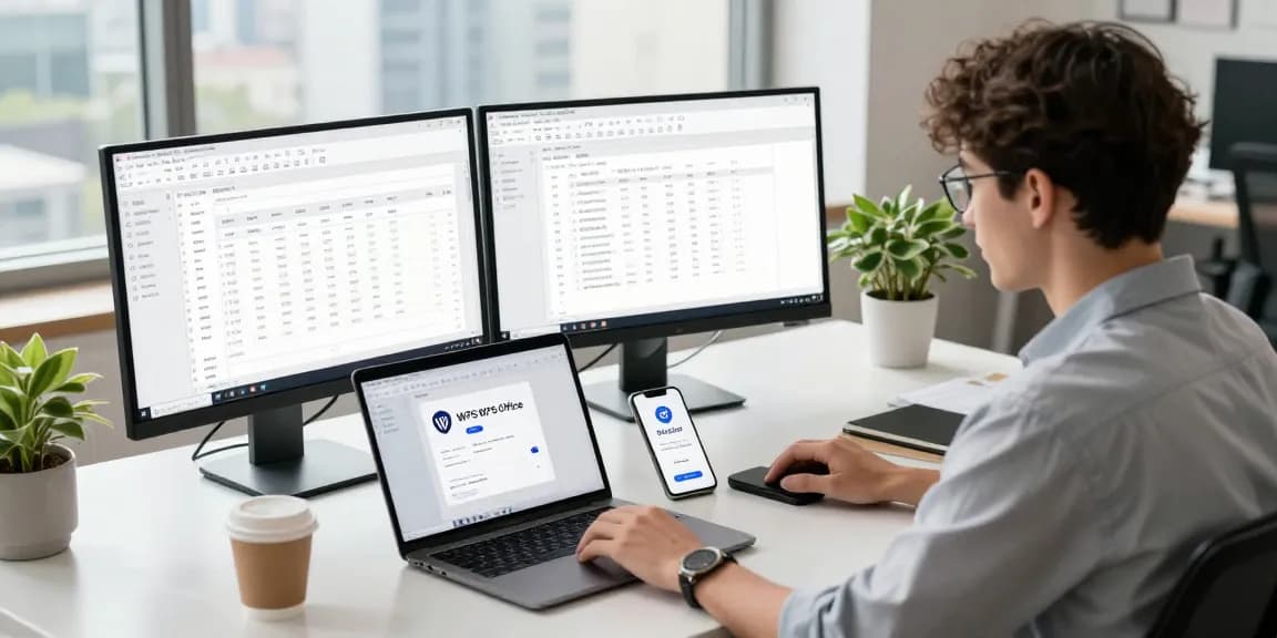 Professional using WPS Office in a modern workspace, showcasing productivity and collaboration tools.