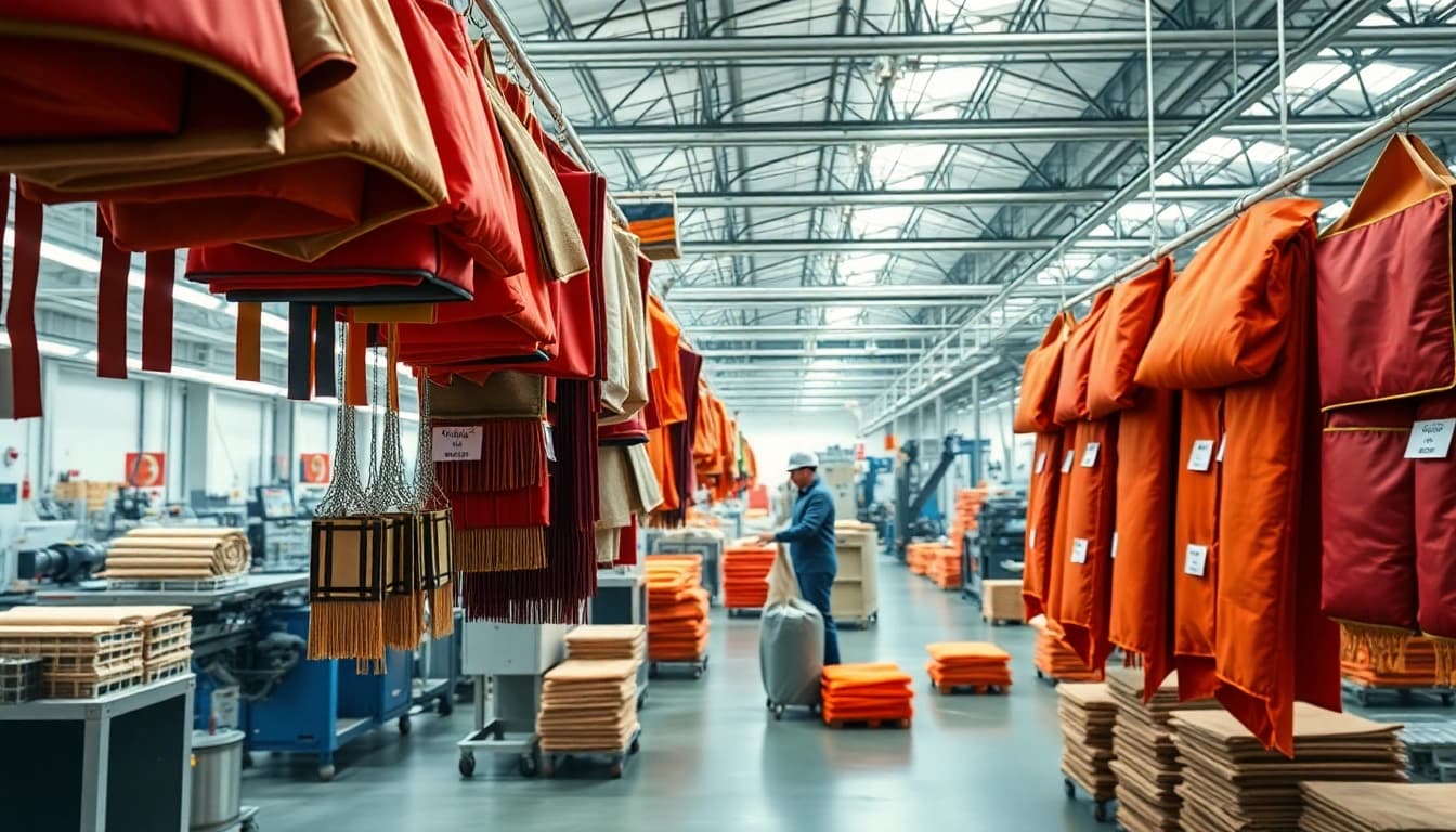 View of a fire blanket factory showcasing various fire blankets and a worker in action.