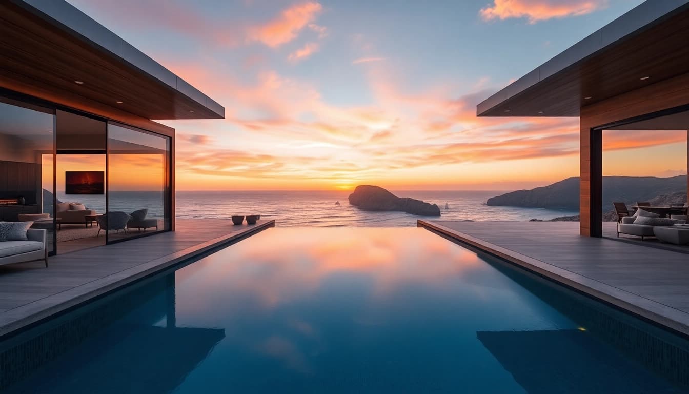 The Orleans Cape residence features modern architecture with ocean views and elegant outdoor spaces.