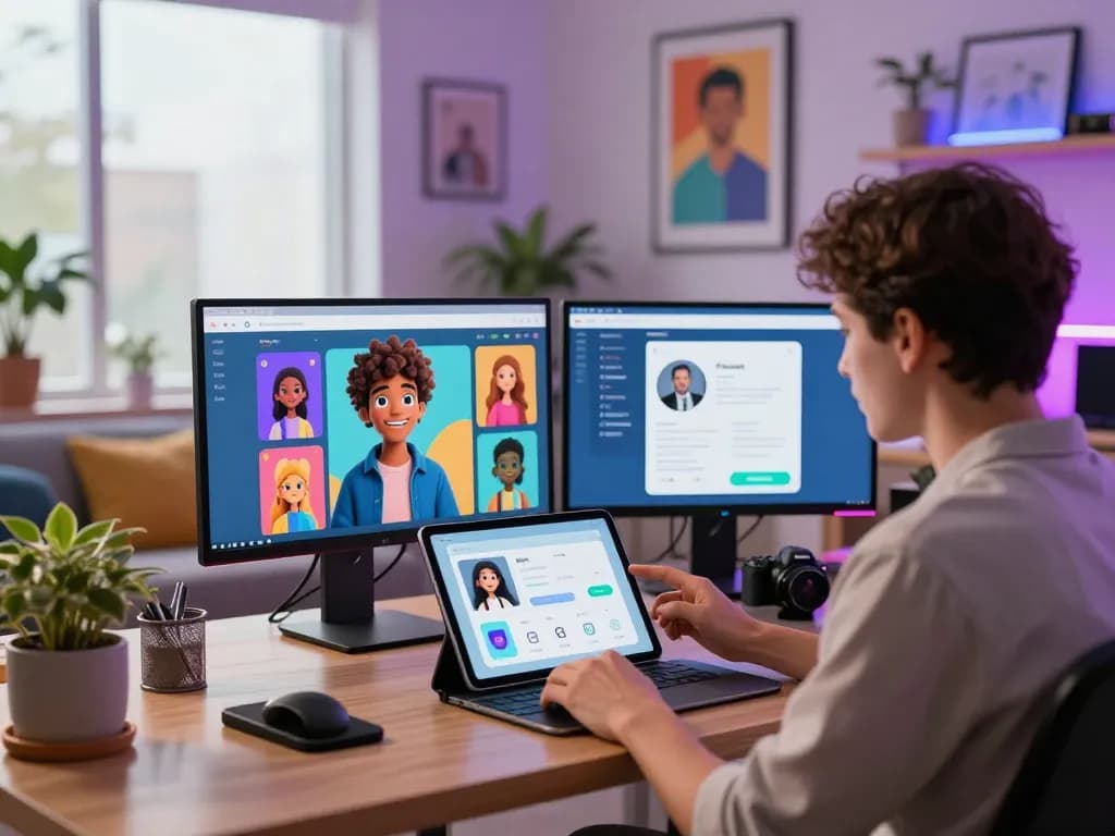 User interacting with Crushon AI on a tablet, showcasing vivid AI character chats and customization options in a modern workspace.