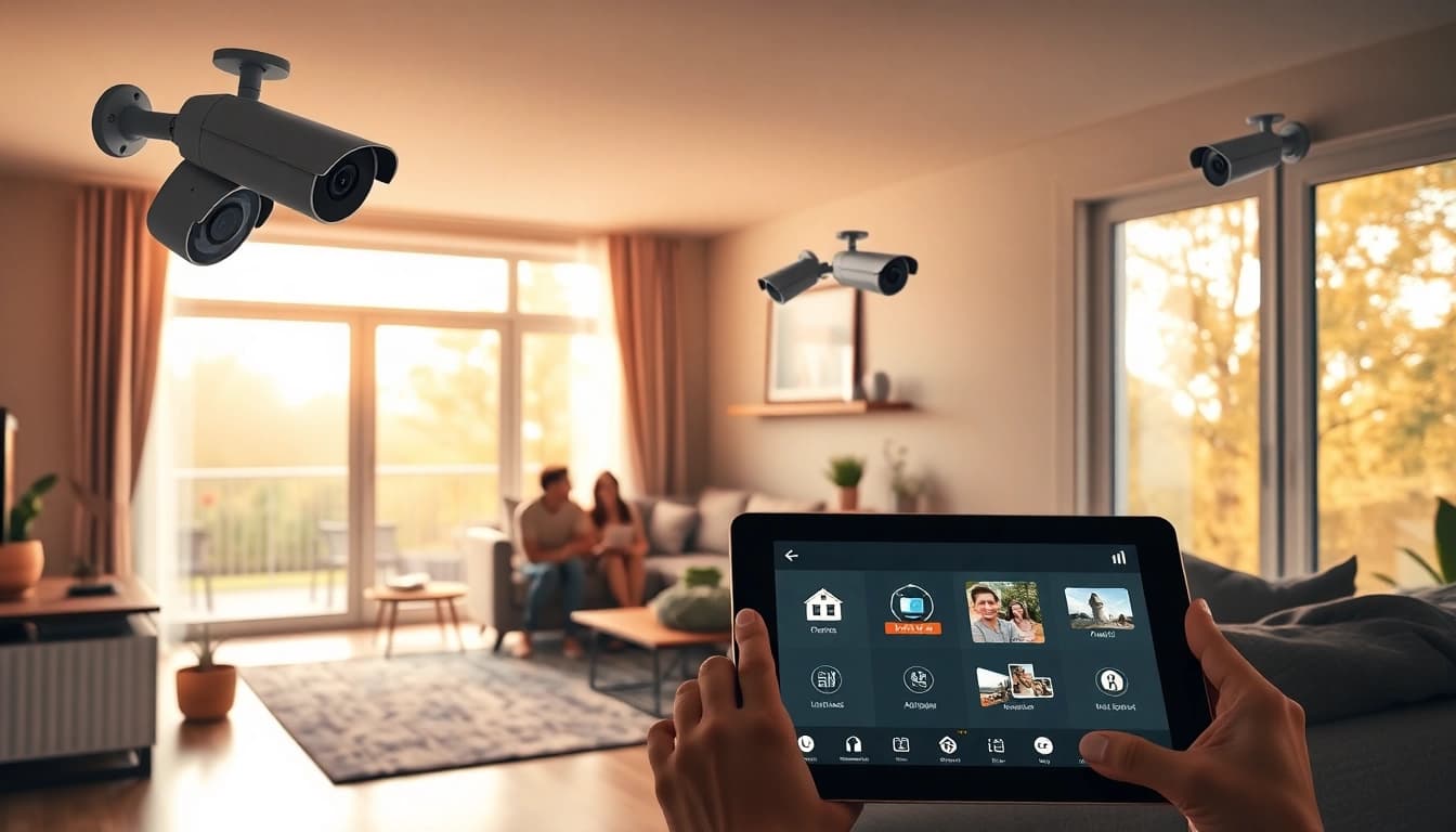 Instalación de Cámaras Ezviz en una casa moderna, mostrando a una familia supervisando su sistema de seguridad.