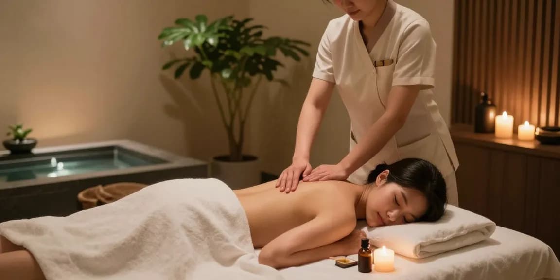 Relaxing 용인출장마사지 in a tranquil spa room with soft lighting and essential oils