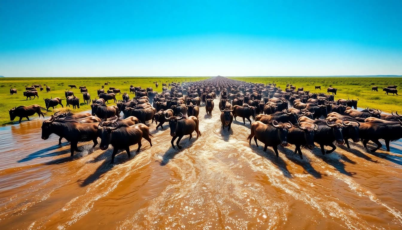 Witness the breathtaking wildebeest migration safari as a herd crosses a river under the sun.