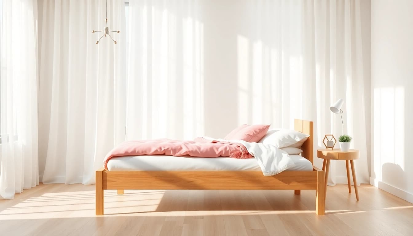 Elegant twin bed frame in a cozy bedroom setting with plush bedding and natural light.