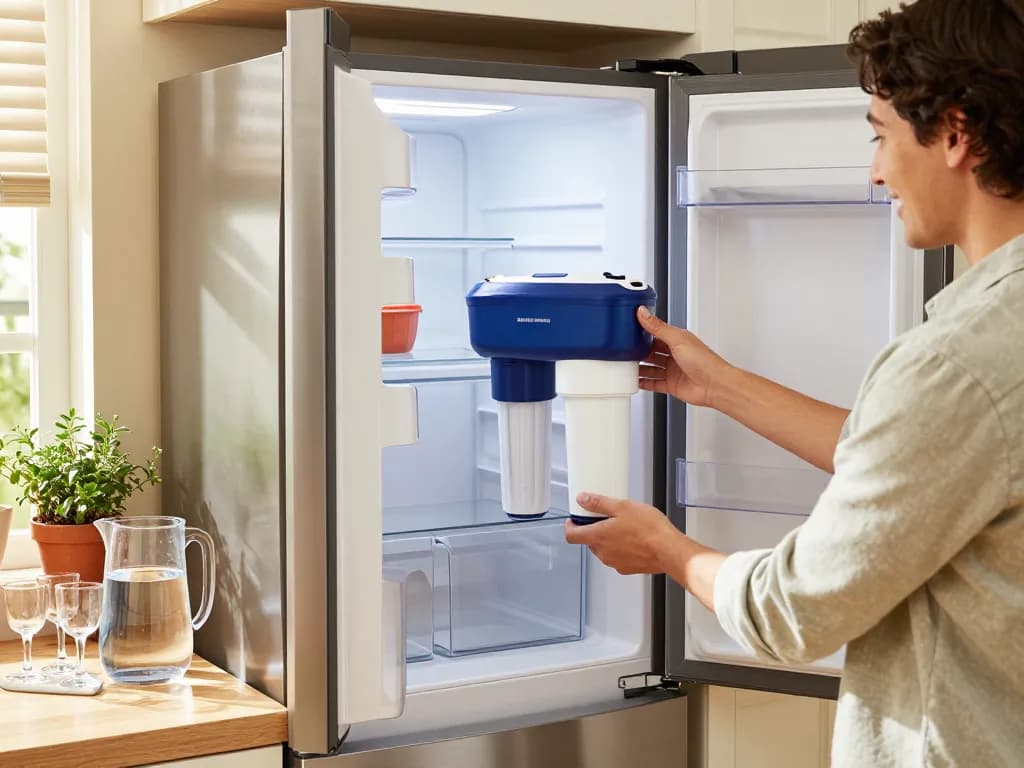 Person happily installing a Maxblue Replacement for Samsung DA29-00020B water filter in a modern kitchen setting.