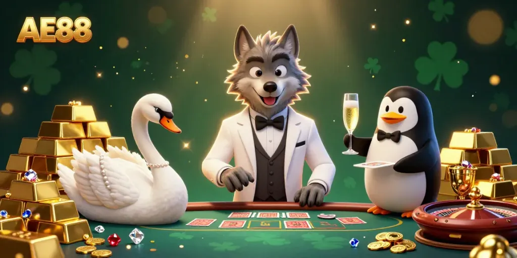 Experience the excitement of AE88 as a debonair wolf and elegant swan deal cards at a luxury baccarat table.