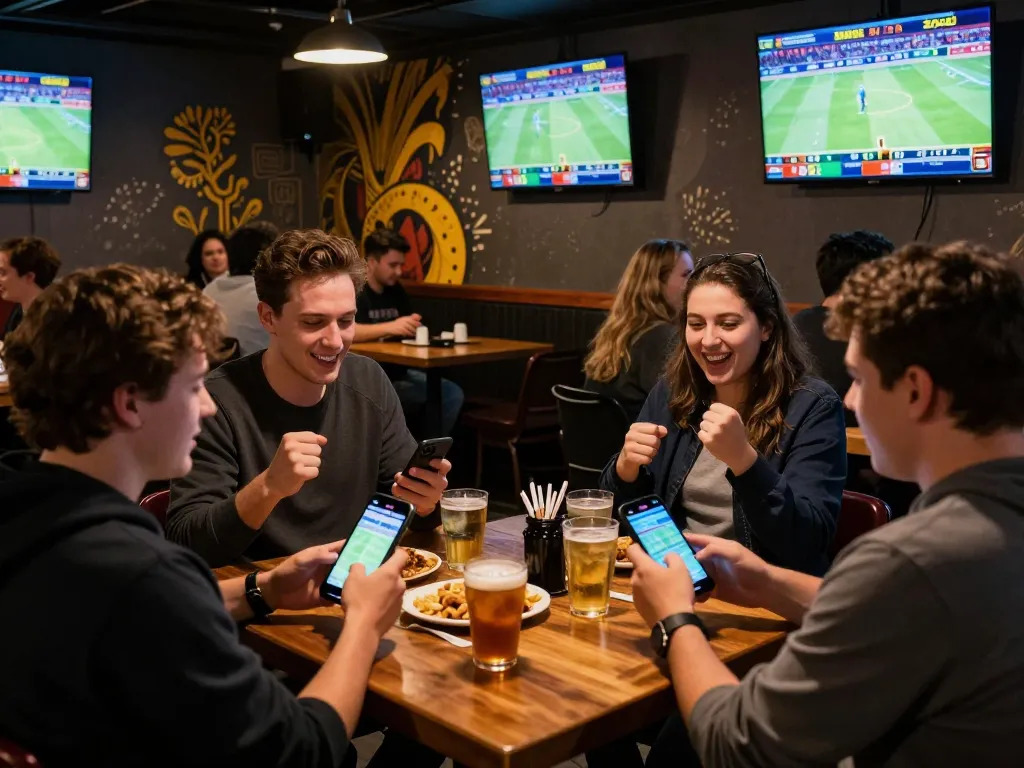 Engaging sports betting atmosphere at vipwin with friends analyzing odds on mobile devices.