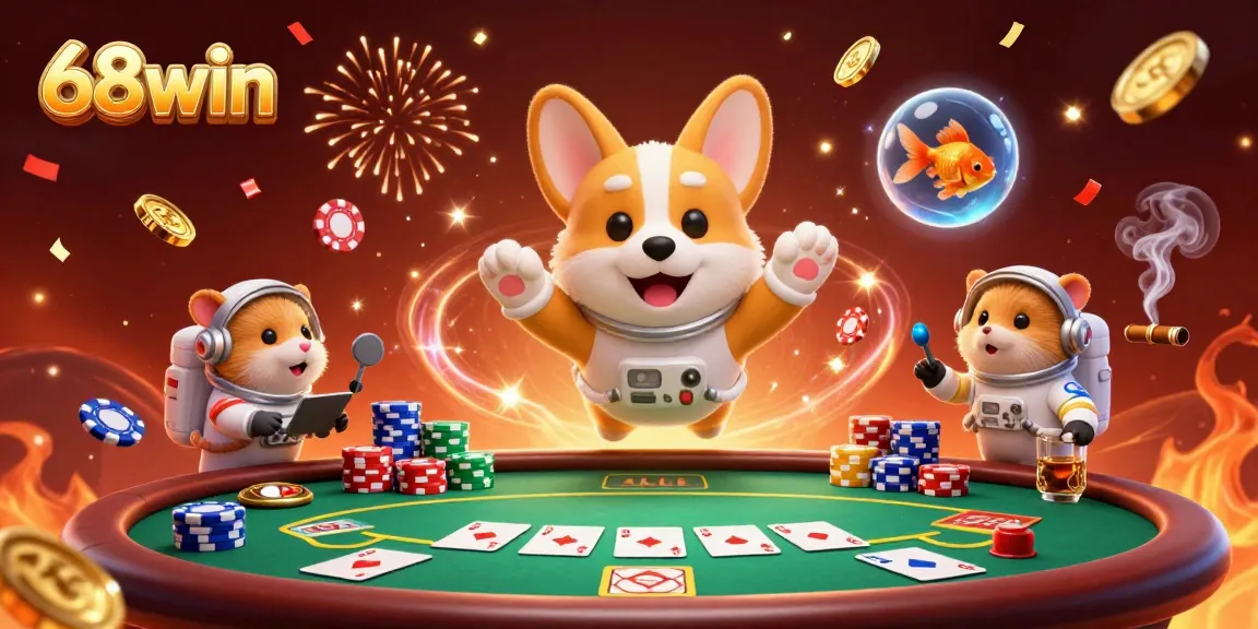 Join the fun at 68win as the astronaut corgi plays floating poker in space.