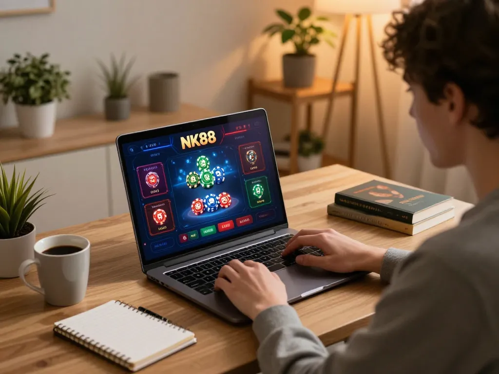 Player enjoying NK88 online casino gameplay on a laptop in a cozy room with strategic notes.