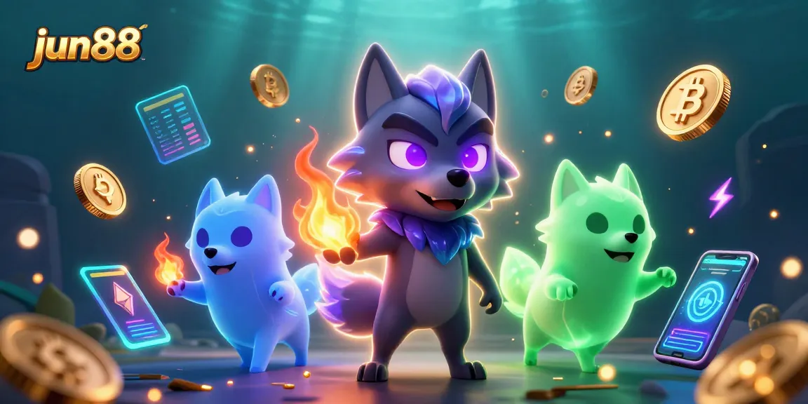 Experience engaging gameplay at jun88 with colorful 3D casino illustration featuring neon crypto elements.