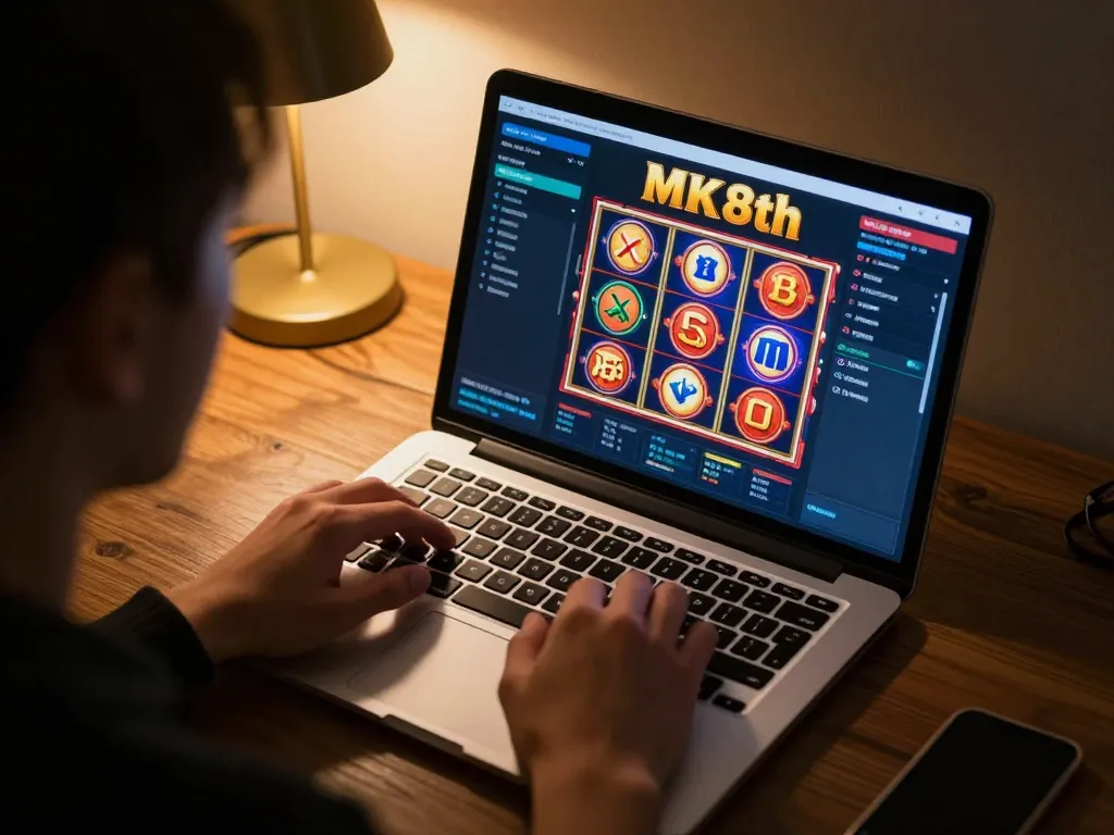 Player engaging with MK8th casino's online betting features on a laptop during a cozy home session