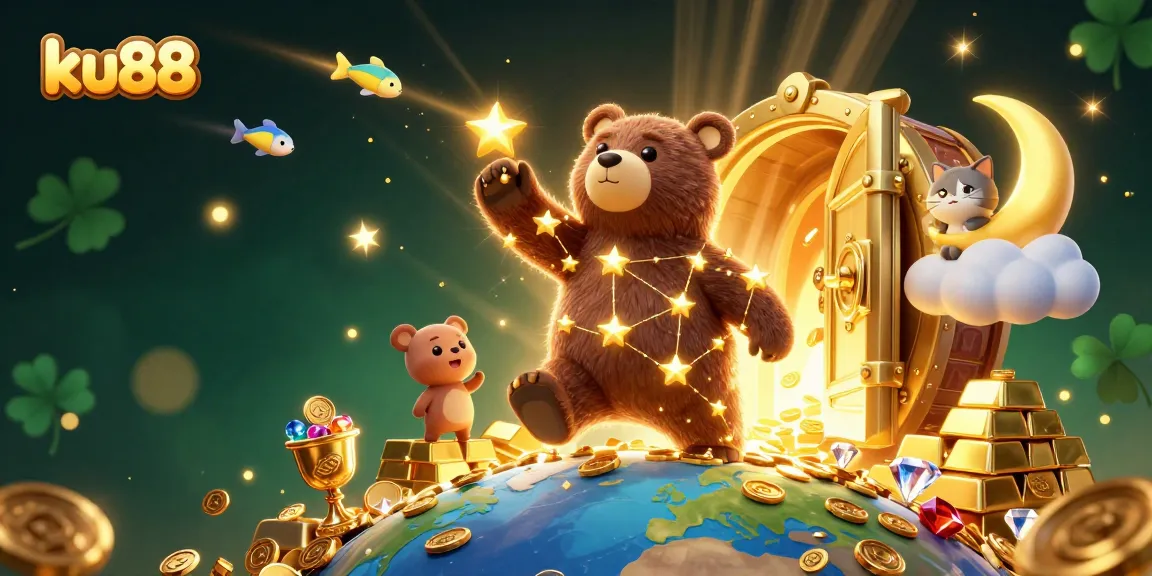 ku88 offers an exciting, vibrant illustration showcasing online casino elements and games.