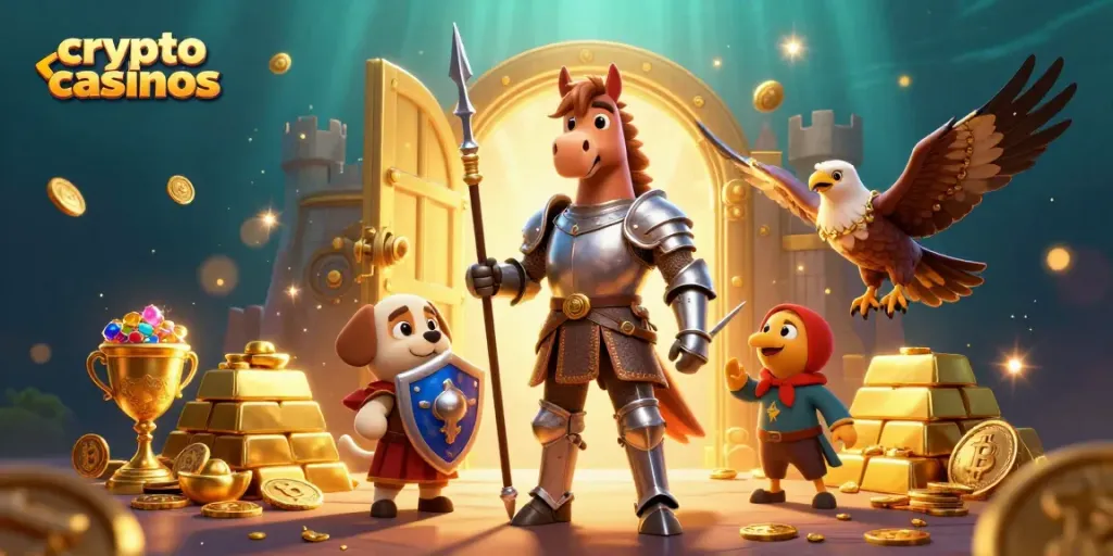 Experience thrilling action at crypto casinos with knights and treasures in a dynamic scene.