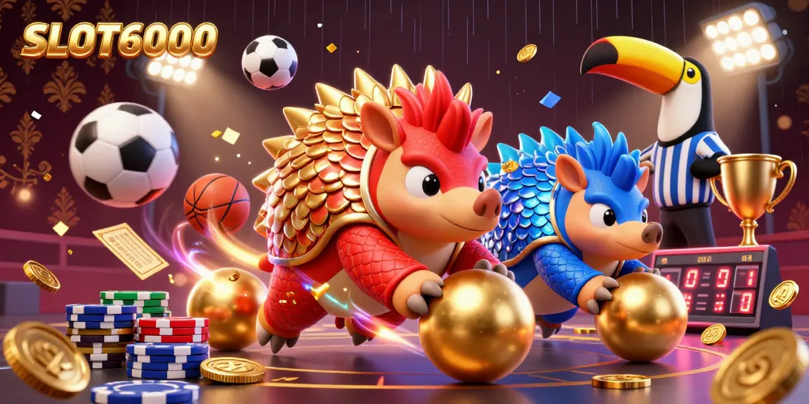 SLOT6000 engages players with rival pangolins in an energetic casino scene filled with golden chips and sports balls.