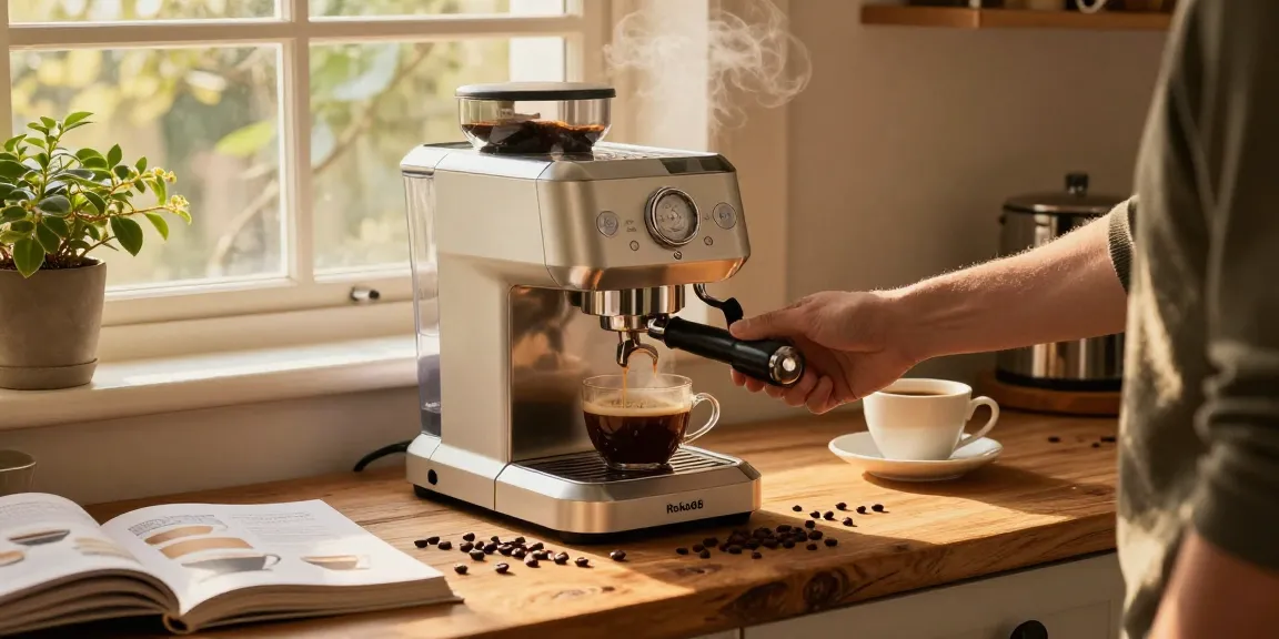 Rokok88 espresso machine in a warm kitchen, perfect for gourmet coffee at home.