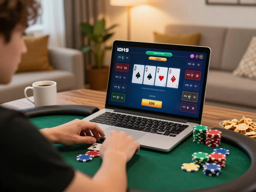 Engaging in online poker gaming at home with KJC Global platform interface visible