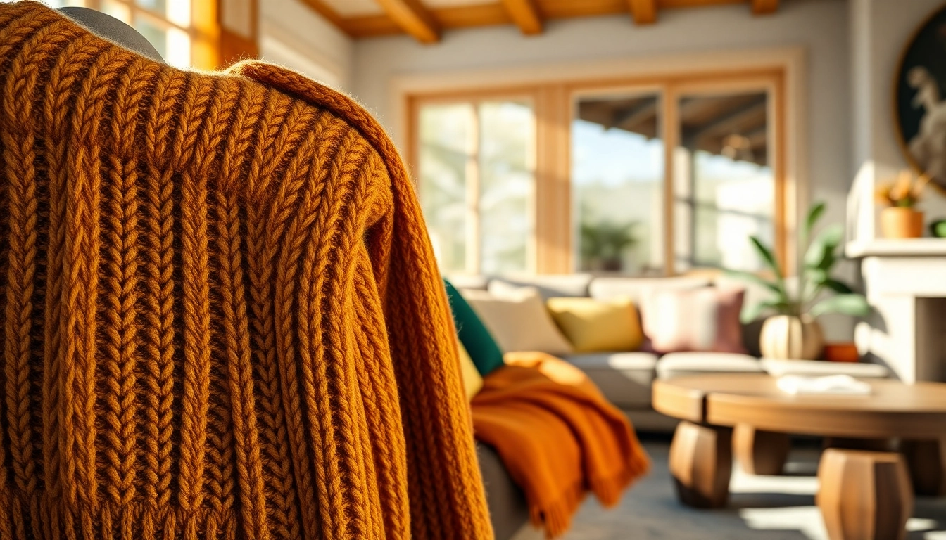 Stylish jumpers displayed in a cozy living room, emphasizing texture and warmth.