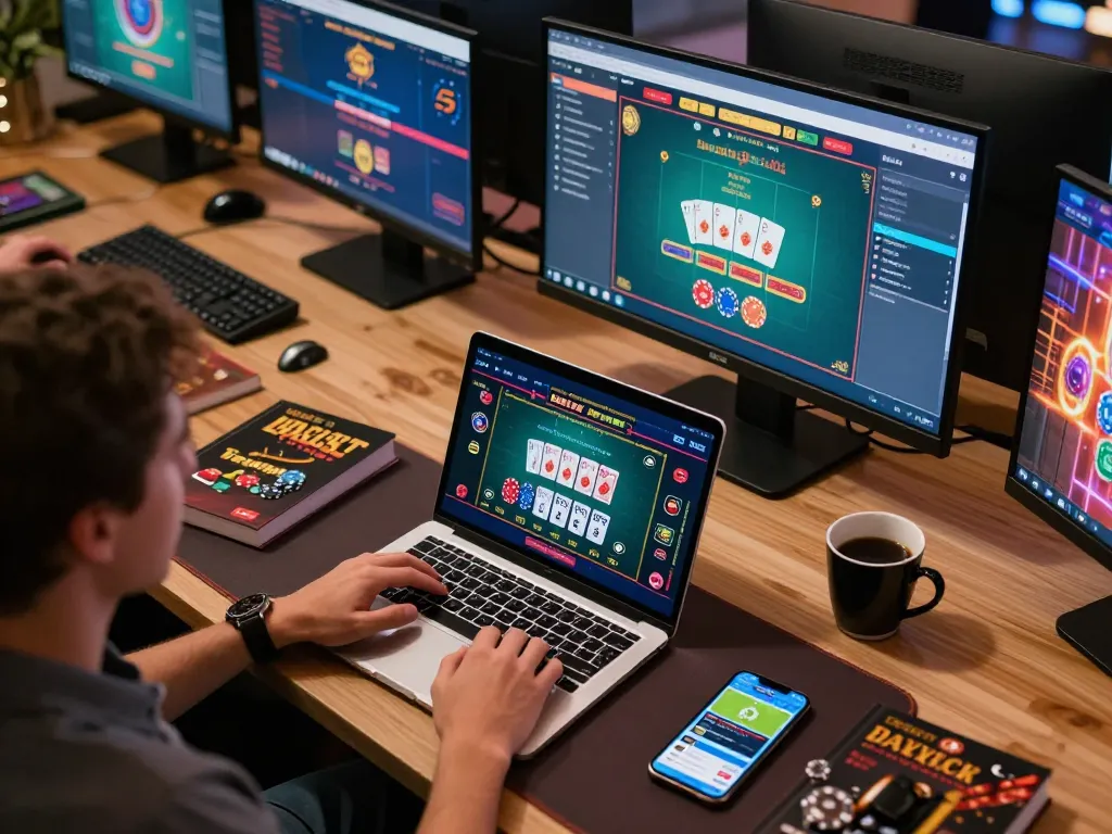 Engaging online gaming session showcasing trang chủ Net88 with blackjack on a laptop screen, vibrant workspace.