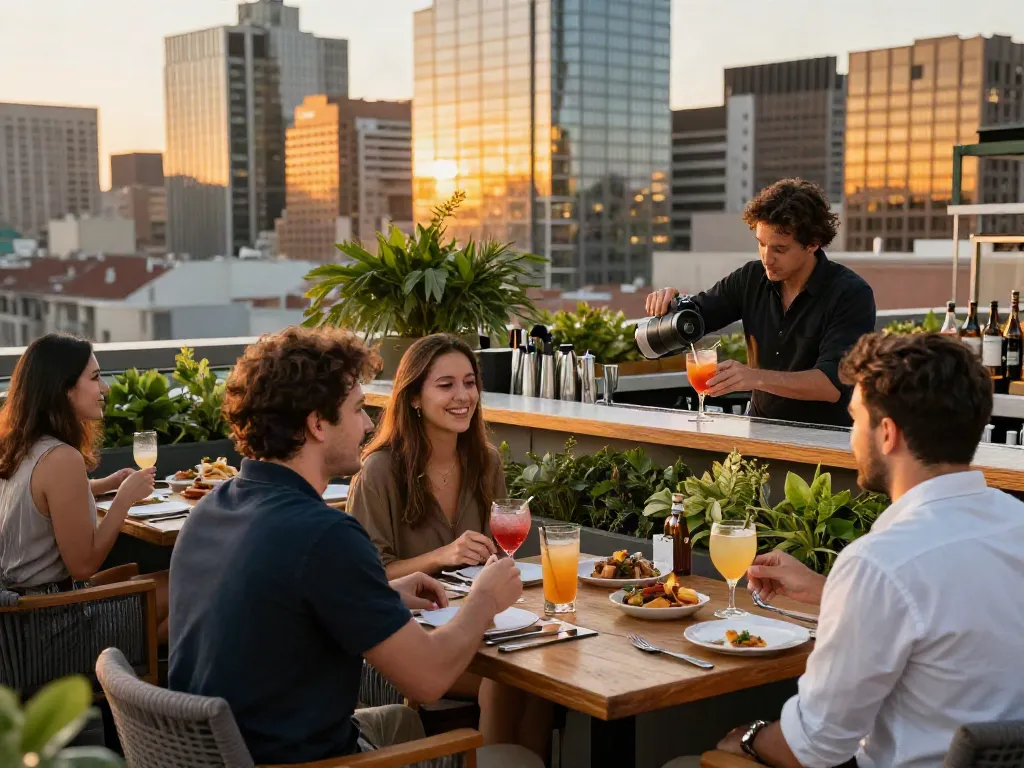 Patrons enjoying gourmet food and drinks at NoHu Restaurant rooftop bar during sunset.