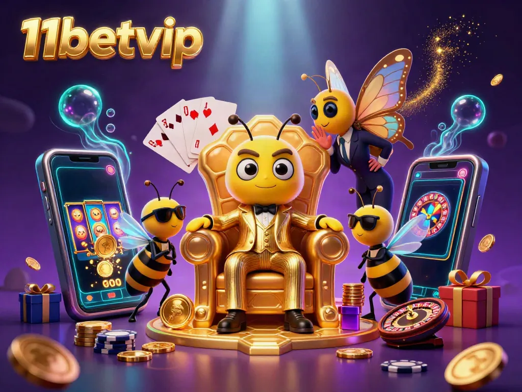 Experience the excitement at 11betvip with vibrant casino games surrounding a bumblebee mob boss in a golden throne.