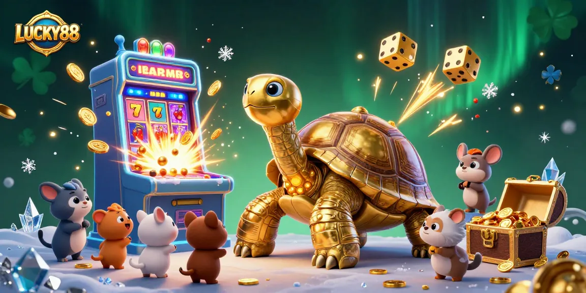 Spin the LUCKY88 slot machine surrounded by dazzling casino elements and festive characters.