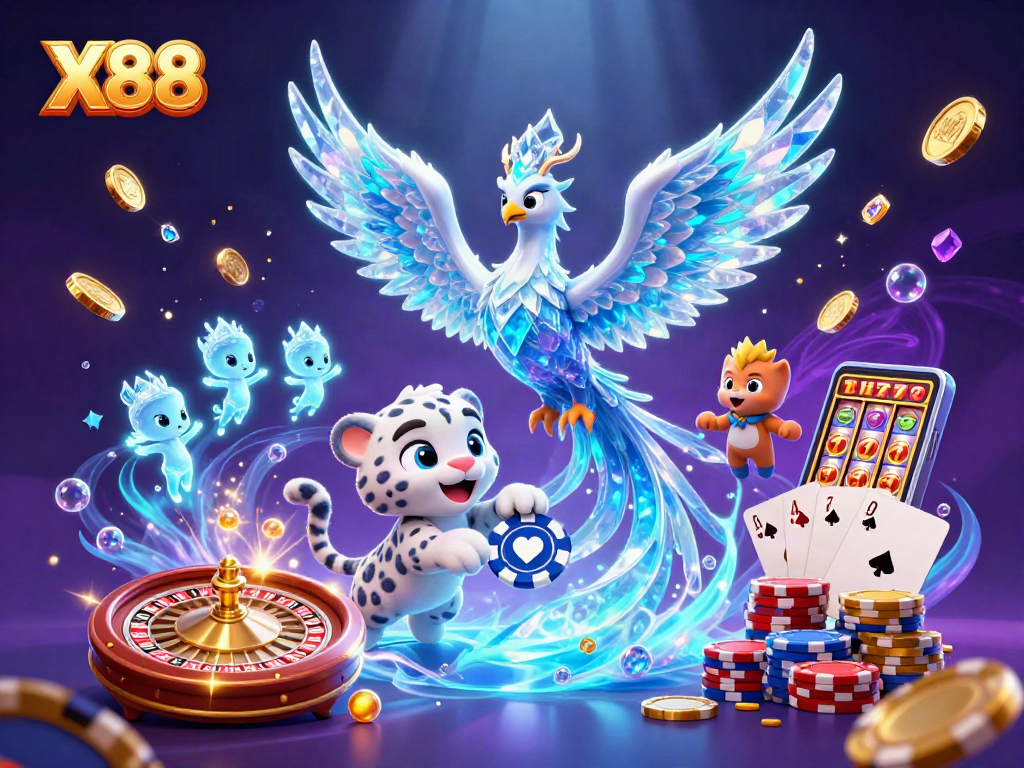 Engage with X88's rich casino experience featuring an ice phoenix and magical elements.