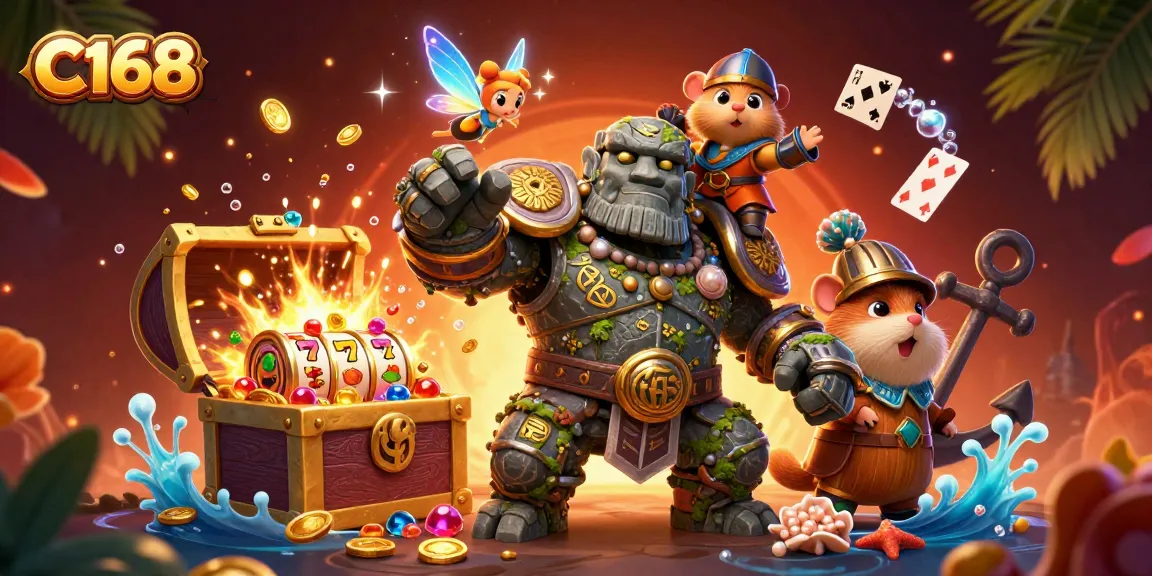 C168 offers a vibrant gaming experience as a stone golem, fairy, and hamster knight ignite excitement among colorful slot elements.