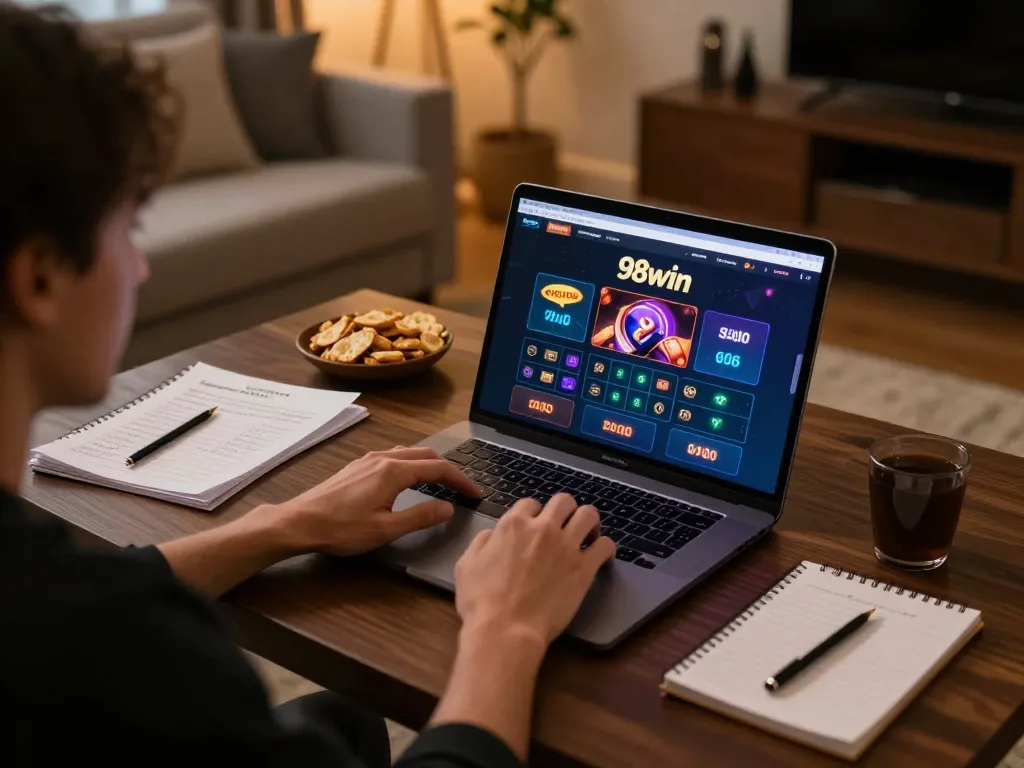 Player engaging with 98win online casino on laptop, displaying dynamic betting interface in cozy home setting