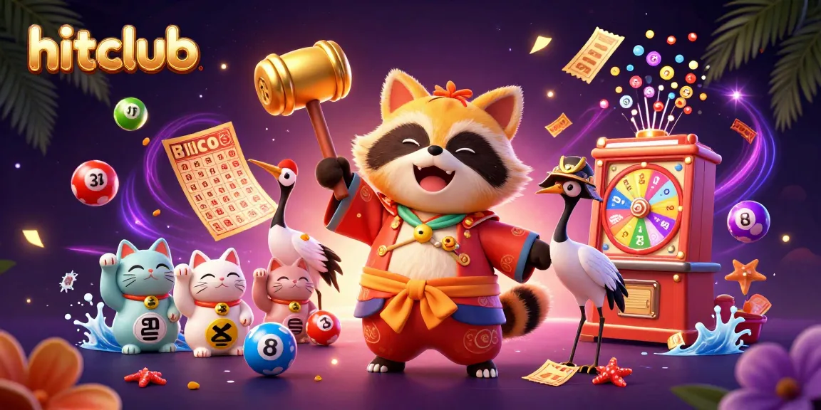 Hitclub's exciting lottery scene featuring cheerful tanuki and fortune cats amidst colorful gaming symbols.
