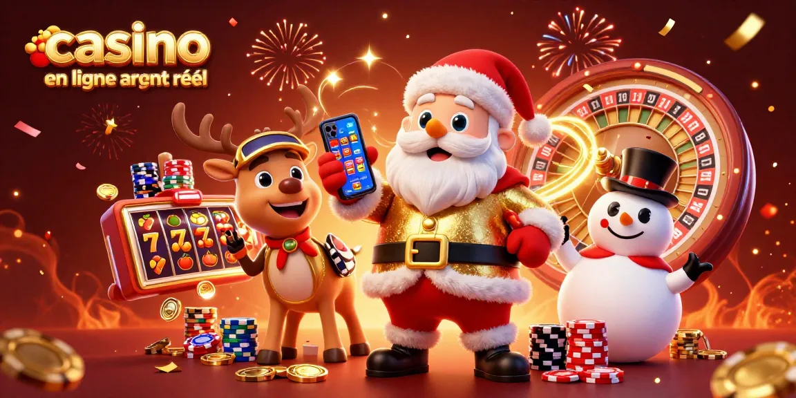 Jouez au casino en ligne argent réel avec une expérience festive illustrée par un père Noël et ses amis.