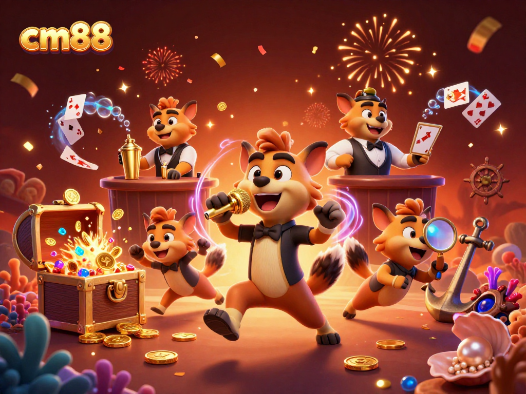 cm88 delivers an exciting casino atmosphere as hyenas entertain guests with games and cocktails amid vibrant decorations.