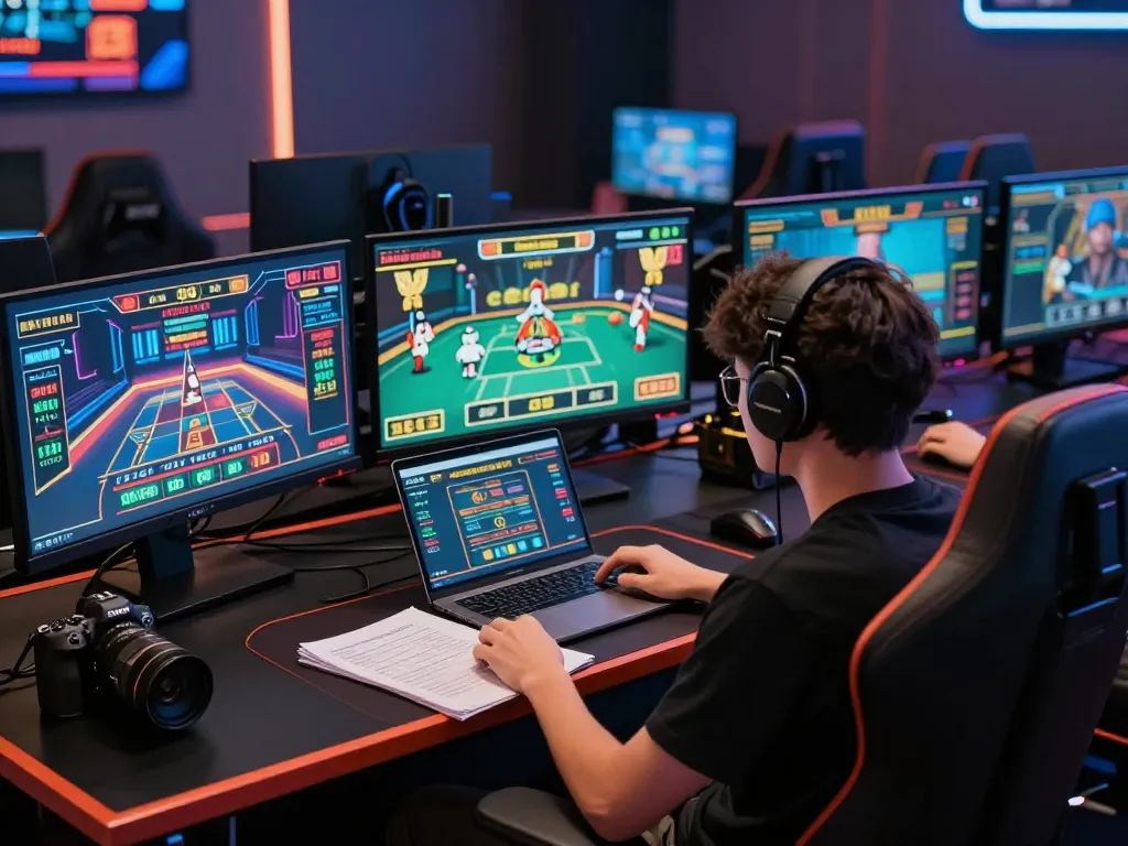 Engaged player analyzing strategies on multiple screens while gaming online, showcasing 789.