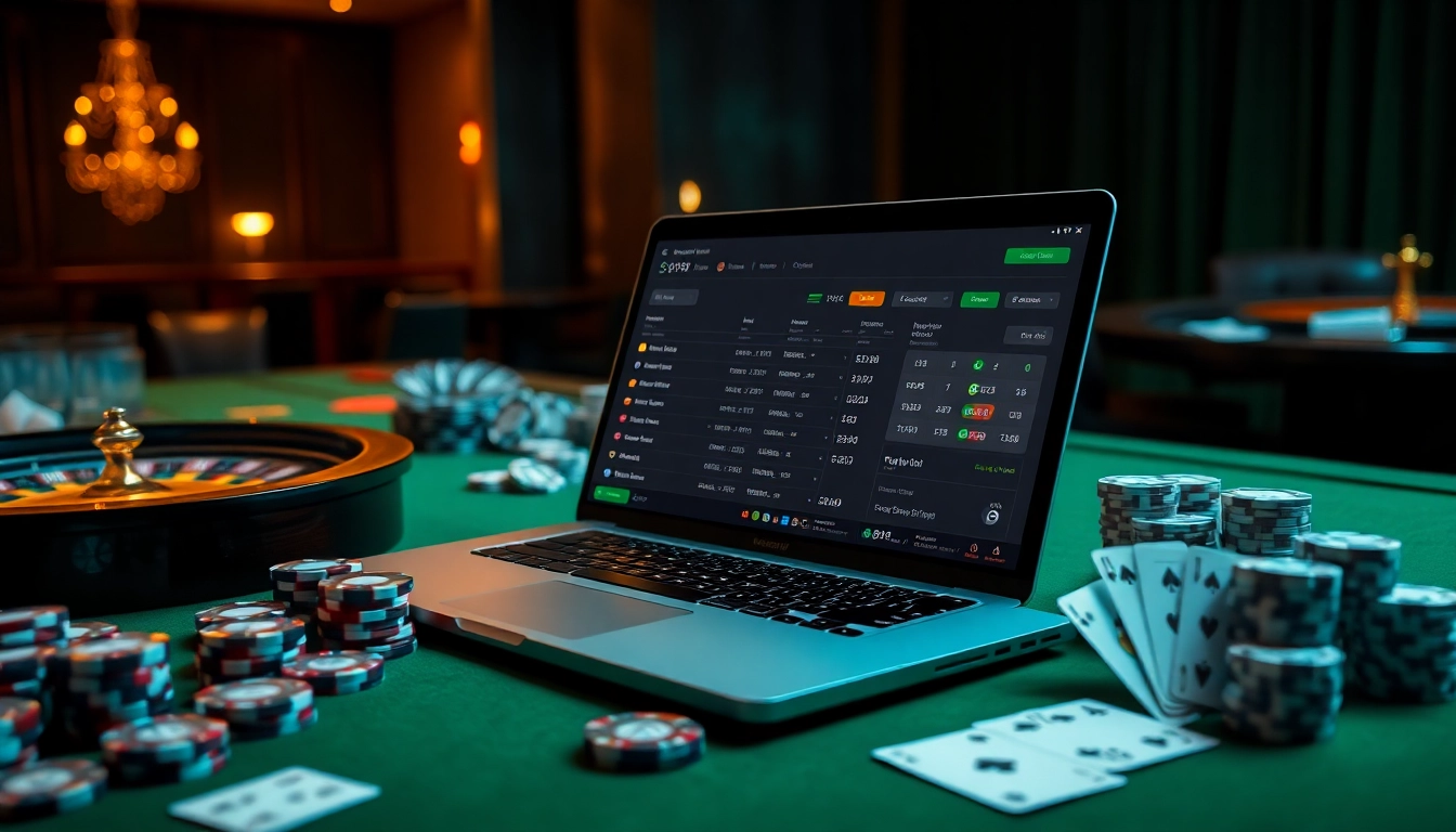 Sbobet link alternatif displayed prominently on an elegant online gambling interface with roulette and poker elements.