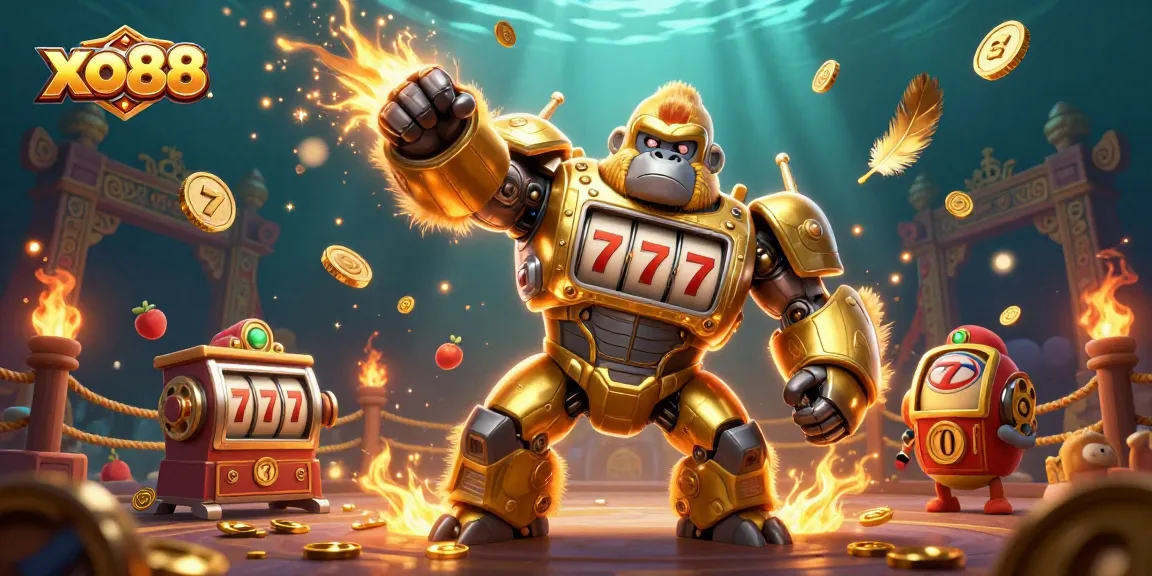 Experience the excitement of xo88 with a vibrant 3D illustration of a golden gorilla mech, slot machine parts, and dynamic casino elements.