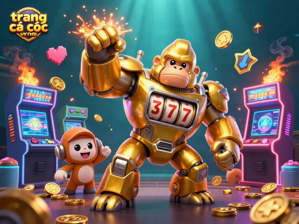 Hình ảnh chi tiết về trang cá cược uy tín với chú gorilla vàng cao lớn cùng các máy game và biểu tượng chiến thắng.