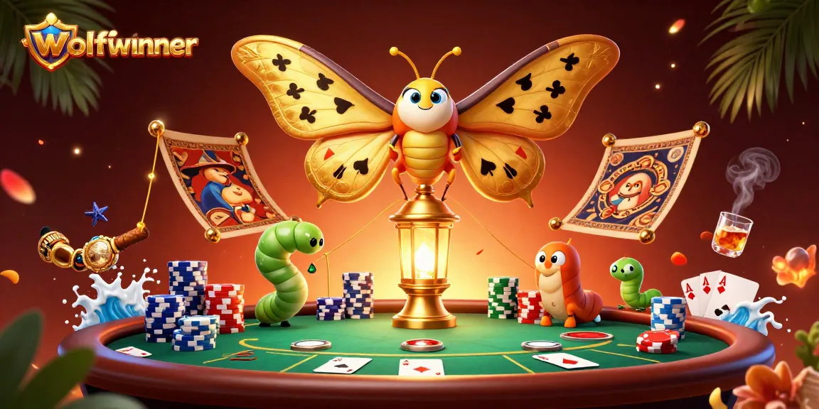 wolfwinner showcases an animated casino scene featuring a glamorous moth, poker elements, and vibrant details.