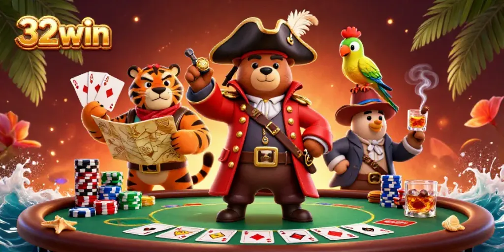 Experience the thrill of 32win with a vibrant pirate-themed poker scene featuring colorful chips and cards.