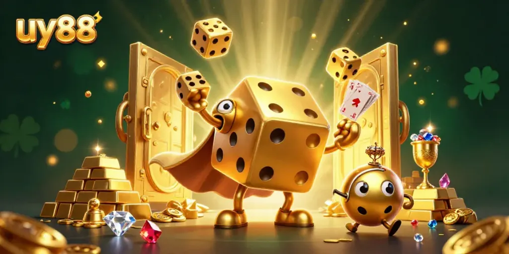 Engage with uy88's exciting online casino gaming atmosphere featuring golden dice and lavish treasures.