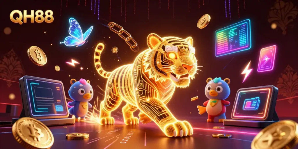 Experience the vibrant QH88 digital casino world with its captivating golden tiger and neon elements.