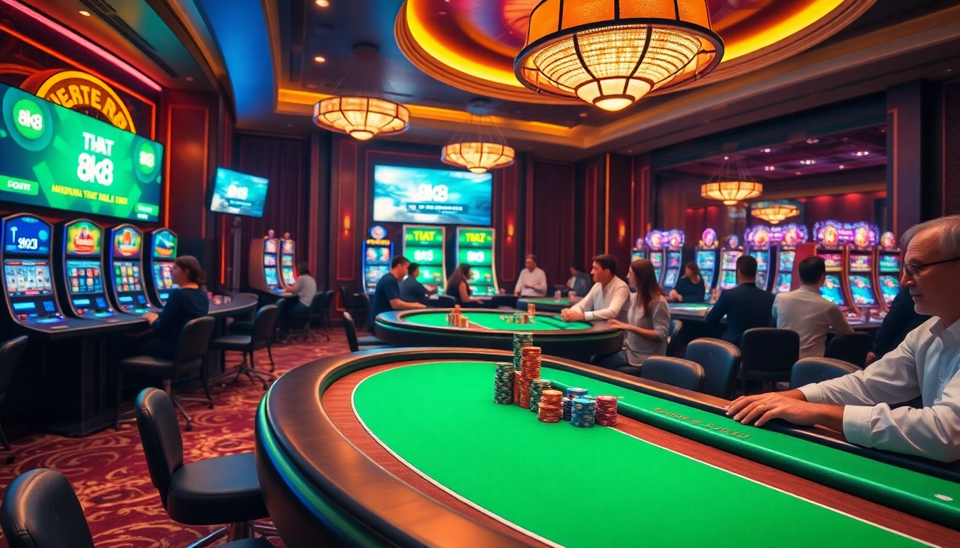 A vibrant casino atmosphere featuring players enjoying poker and slots at 8k8, showcasing excitement and luxury.