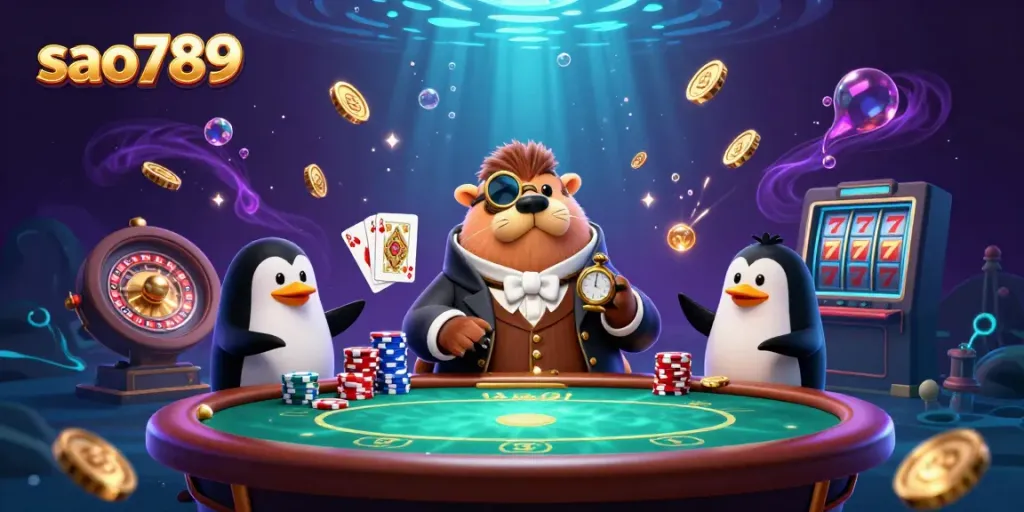Sao789 features an engaging underwater poker scene with unique characters and casino elements.