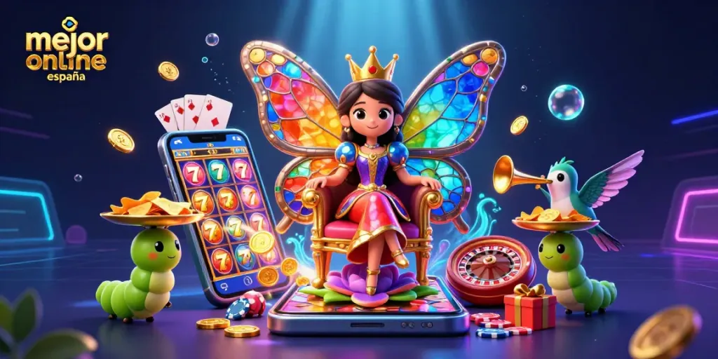 Juega y gana en el mejor casino online España con la reina mariposa y elementos de juego.