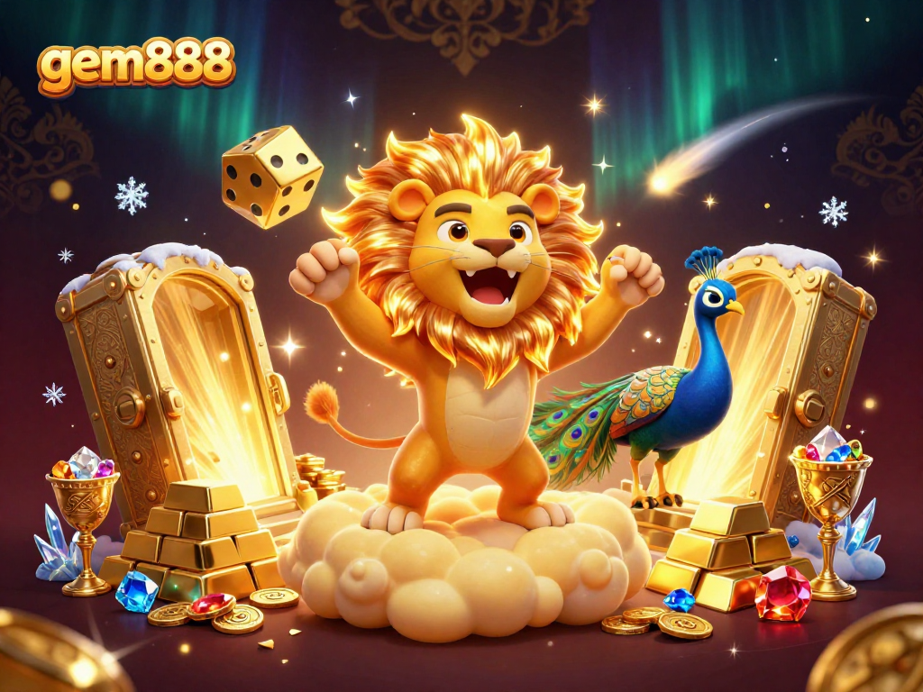 Play and win with gem888 in this vibrant casino-themed illustration featuring gold and gems.
