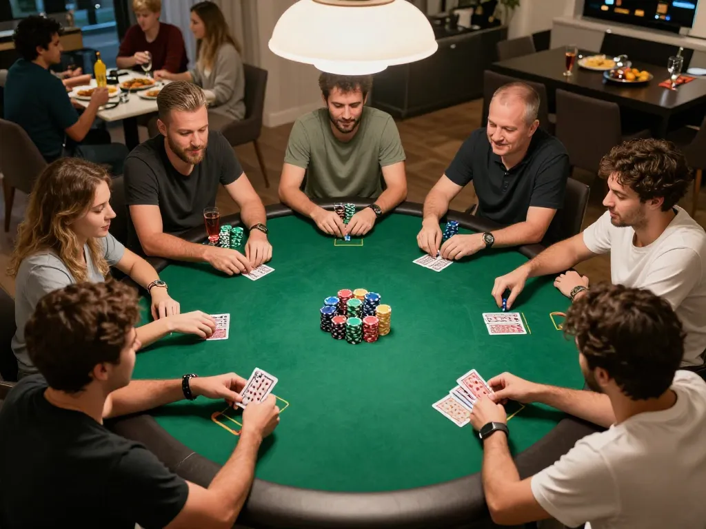 Players engaging in a vibrant poker game at home with strategic hands and colorful chips on the table, highlighting fun and gambling skill at 789.