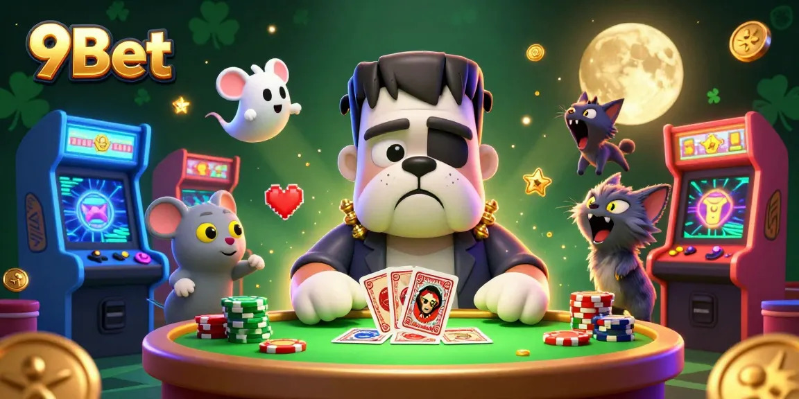 Join the thrilling game with 9Bet featuring a bulldog monster dealing cards at a spooky green table.