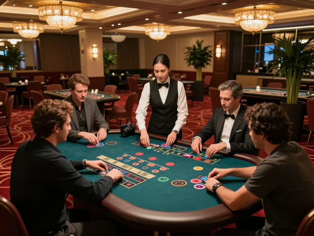 Exciting baccarat gameplay at a luxurious cổng game uy tín showcasing engaged players and a professional dealer
