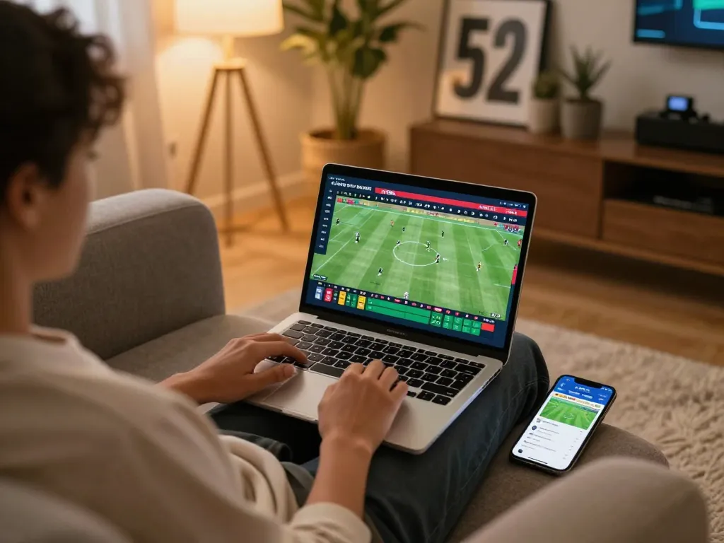 Betting action with nhà cái fly88 showcasing live sports odds on a laptop in a cozy setting.